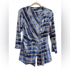 Boho Chic Blue Striped Asymmetrical Zip Front Long Sleeve Top M